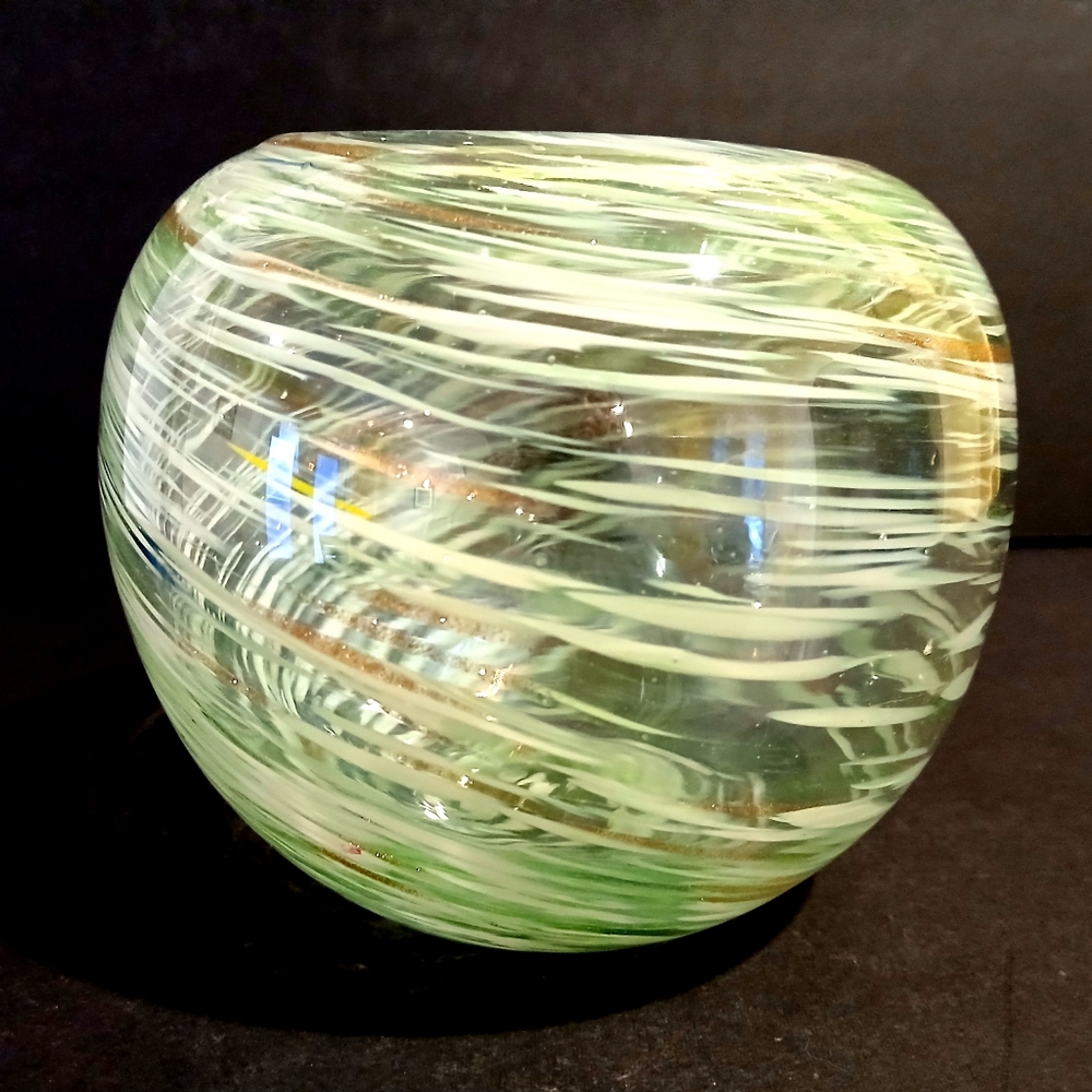 Collectible Green, White, and Gold Swirl Blown Glass Vase